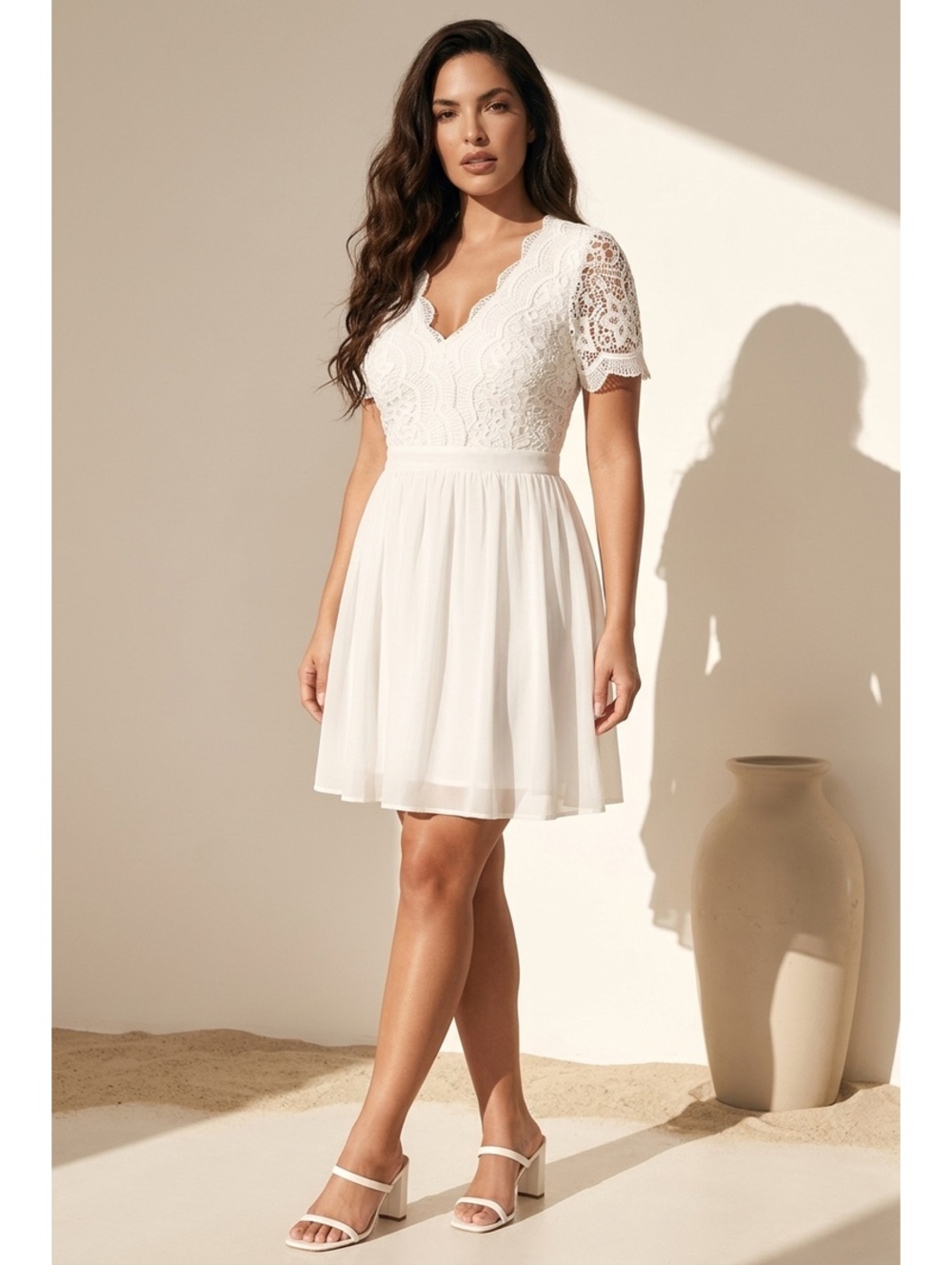 Lulus White Lace Short Sleeve Dress with Scalloped V-Neck Size M
